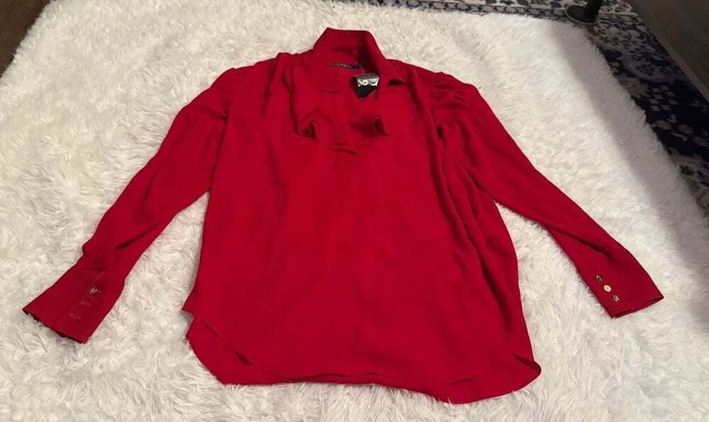 Lauren Ralph Lauren Red Long-Sleeve Blouse with Gold-Tone Buttons‎